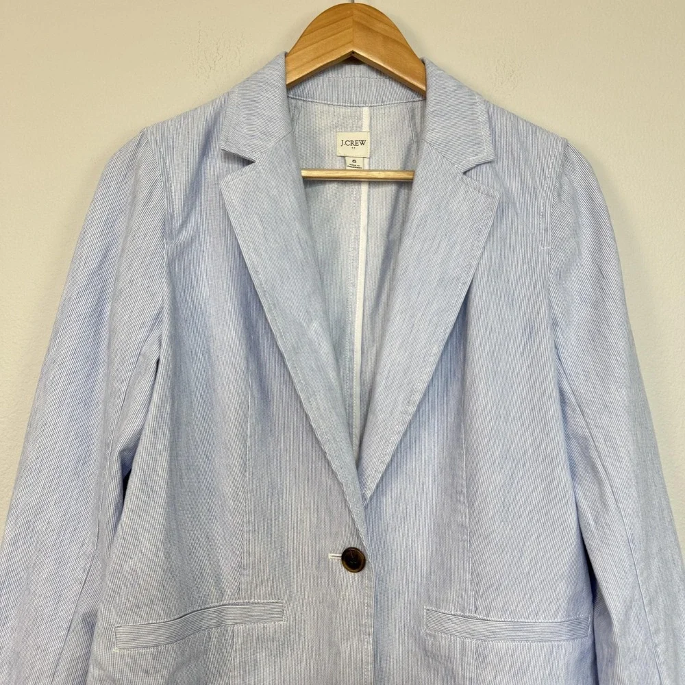 J‎ Crew Blazer Women's 6 Blue Striped Seersucker Linen Blend Lightweight Relaxed - Picture 2 of 15